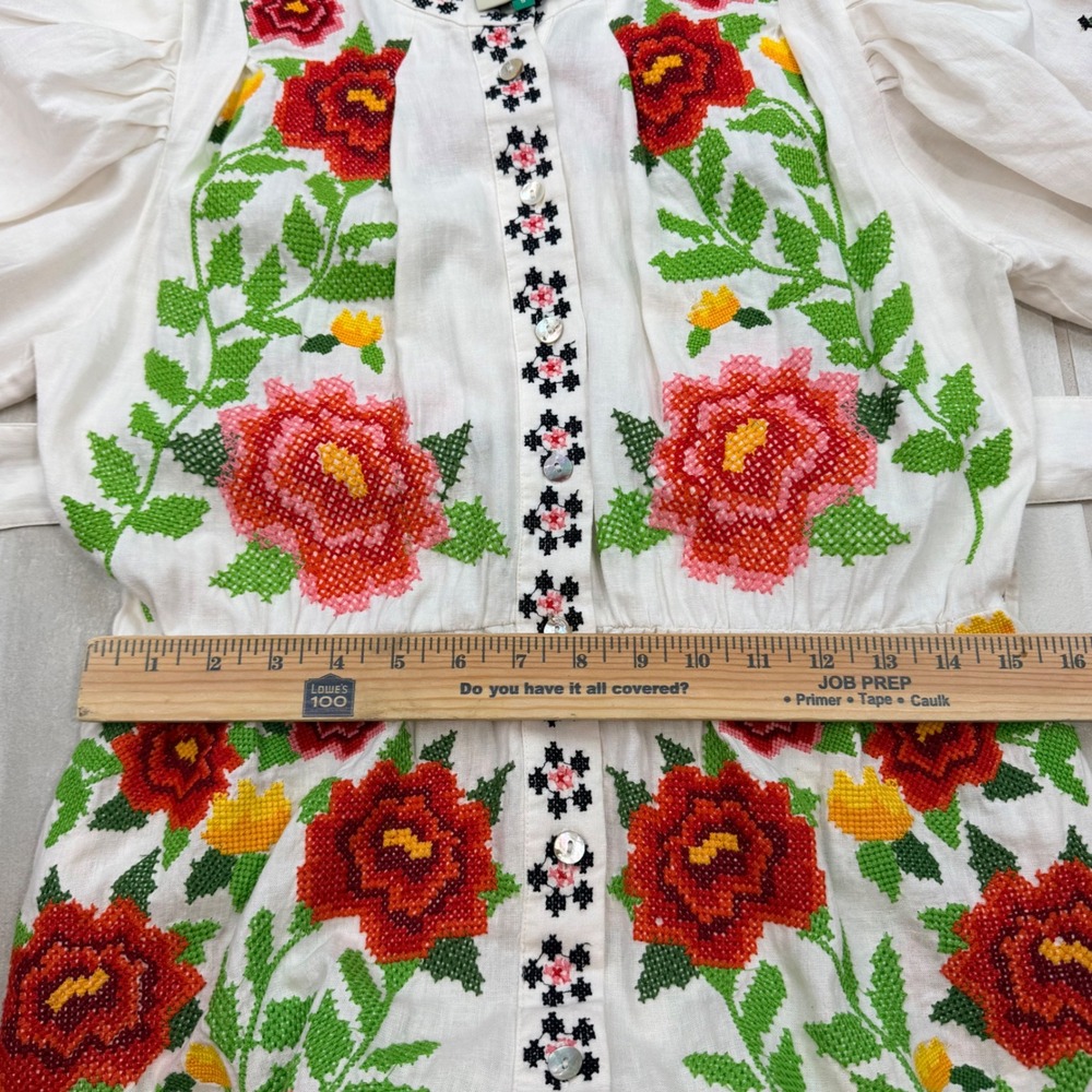 Farm Rio Cross Stitch Floral Linen Blend Mini Dress White Red Size S 318237 - Picture 3 of 9
